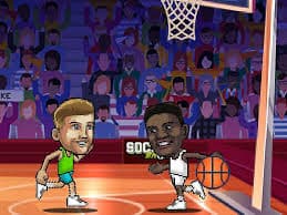 Two Basketball Bros players facing off under the basket