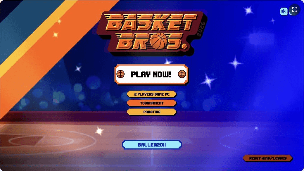 Basketball Bros main menu with single-player, local multiplayer, tournament, and practice modes